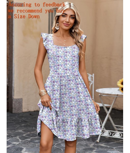 Zeagoo Womens Summer Dress Casual Ruffle Tiered Floral Square Neck Sundresses Beach Boho Mini A-line Dress 2025 with Pockets