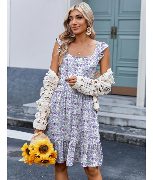 Zeagoo Womens Summer Dress Casual Ruffle Tiered Floral Square Neck Sundresses Beach Boho Mini A-line Dress 2025 with Pockets