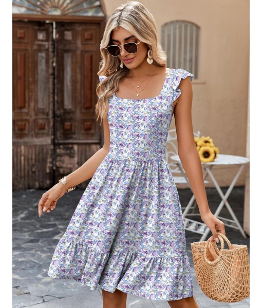 Zeagoo Womens Summer Dress Casual Ruffle Tiered Floral Square Neck Sundresses Beach Boho Mini A-line Dress 2025 with Pockets
