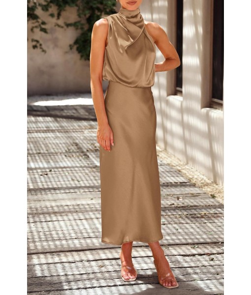 PRETTYGARDEN Women's 2025 Summer Satin Dress Elegant Sleeveless Mock Neck Cocktail Party Maxi Dresses