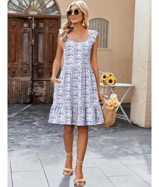 Zeagoo Womens Summer Dress Casual Ruffle Tiered Floral Square Neck Sundresses Beach Boho Mini A-line Dress 2025 with Pockets
