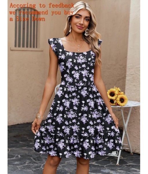 Zeagoo Womens Summer Dress Casual Ruffle Tiered Floral Square Neck Sundresses Beach Boho Mini A-line Dress 2025 with Pockets