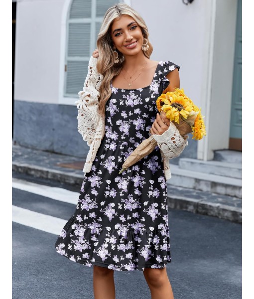 Zeagoo Womens Summer Dress Casual Ruffle Tiered Floral Square Neck Sundresses Beach Boho Mini A-line Dress 2025 with Pockets