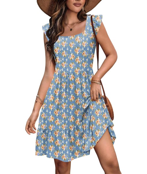 Zeagoo Womens Summer Dress Casual Ruffle Tiered Floral Square Neck Sundresses Beach Boho Mini A-line Dress 2025 with Pockets