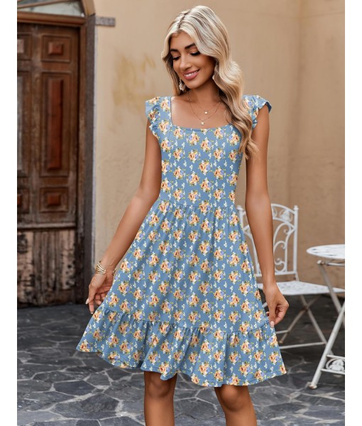 Zeagoo Womens Summer Dress Casual Ruffle Tiered Floral Square Neck Sundresses Beach Boho Mini A-line Dress 2025 with Pockets