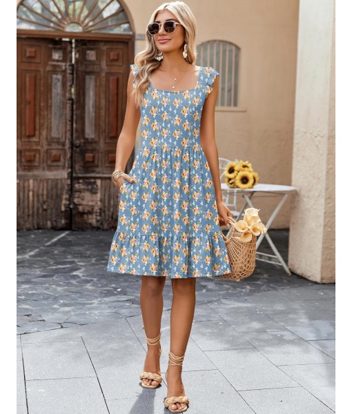 Zeagoo Womens Summer Dress Casual Ruffle Tiered Floral Square Neck Sundresses Beach Boho Mini A-line Dress 2025 with Pockets