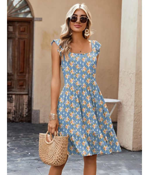 Zeagoo Womens Summer Dress Casual Ruffle Tiered Floral Square Neck Sundresses Beach Boho Mini A-line Dress 2025 with Pockets