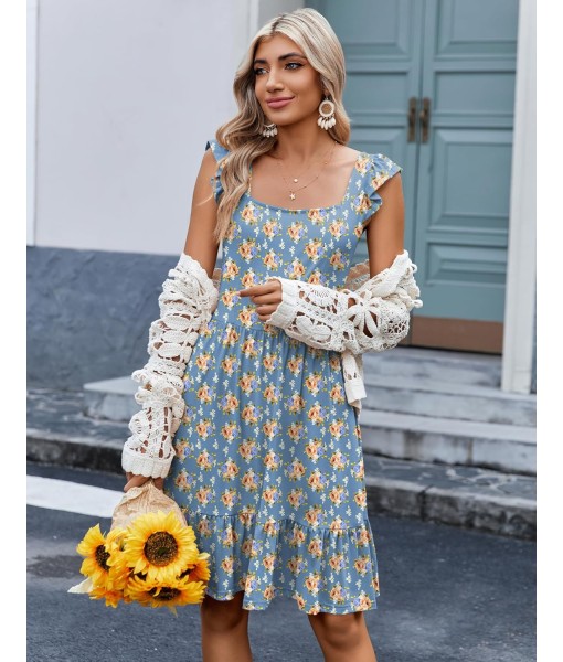 Zeagoo Womens Summer Dress Casual Ruffle Tiered Floral Square Neck Sundresses Beach Boho Mini A-line Dress 2025 with Pockets