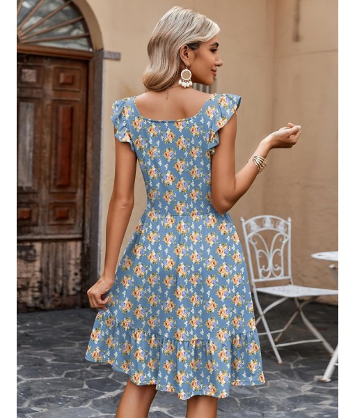 Zeagoo Womens Summer Dress Casual Ruffle Tiered Floral Square Neck Sundresses Beach Boho Mini A-line Dress 2025 with Pockets