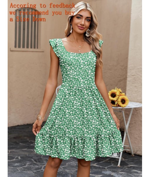 Zeagoo Womens Summer Dress Casual Ruffle Tiered Floral Square Neck Sundresses Beach Boho Mini A-line Dress 2025 with Pockets