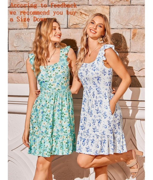 Zeagoo Womens Summer Dress Casual Ruffle Tiered Floral Square Neck Sundresses Beach Boho Mini A-line Dress 2025 with Pockets