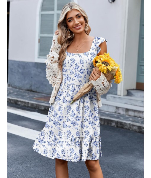 Zeagoo Womens Summer Dress Casual Ruffle Tiered Floral Square Neck Sundresses Beach Boho Mini A-line Dress 2025 with Pockets