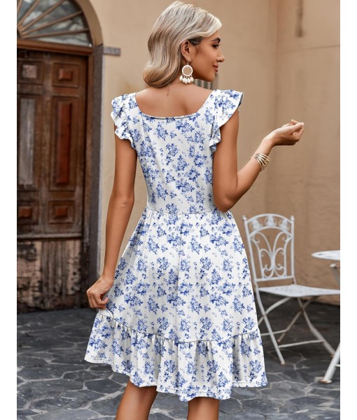 Zeagoo Womens Summer Dress Casual Ruffle Tiered Floral Square Neck Sundresses Beach Boho Mini A-line Dress 2025 with Pockets