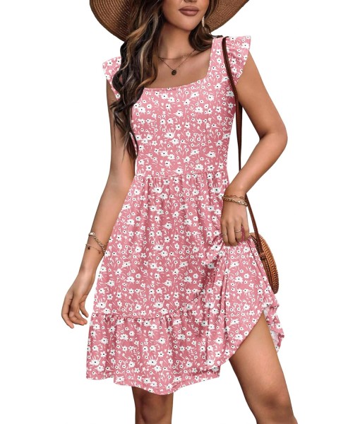 Zeagoo Womens Summer Dress Casual Ruffle Tiered Floral Square Neck Sundresses Beach Boho Mini A-line Dress 2025 with Pockets