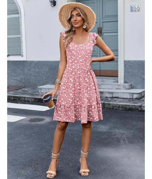 Zeagoo Womens Summer Dress Casual Ruffle Tiered Floral Square Neck Sundresses Beach Boho Mini A-line Dress 2025 with Pockets