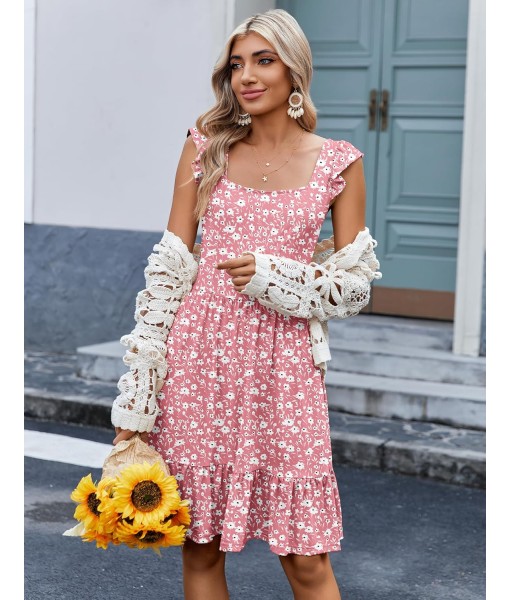 Zeagoo Womens Summer Dress Casual Ruffle Tiered Floral Square Neck Sundresses Beach Boho Mini A-line Dress 2025 with Pockets