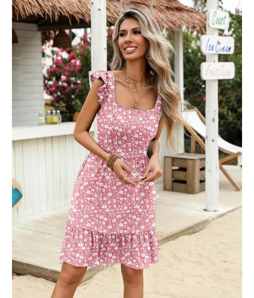Zeagoo Womens Summer Dress Casual Ruffle Tiered Floral Square Neck Sundresses Beach Boho Mini A-line Dress 2025 with Pockets