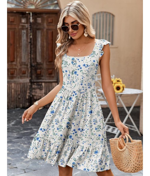 Zeagoo Womens Summer Dress Casual Ruffle Tiered Floral Square Neck Sundresses Beach Boho Mini A-line Dress 2025 with Pockets