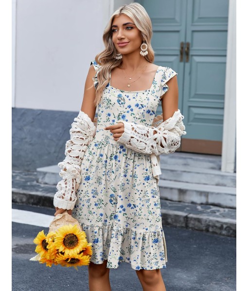 Zeagoo Womens Summer Dress Casual Ruffle Tiered Floral Square Neck Sundresses Beach Boho Mini A-line Dress 2025 with Pockets