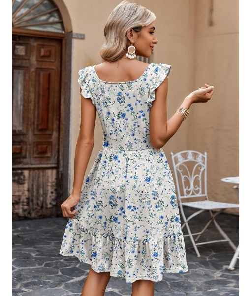 Zeagoo Womens Summer Dress Casual Ruffle Tiered Floral Square Neck Sundresses Beach Boho Mini A-line Dress 2025 with Pockets