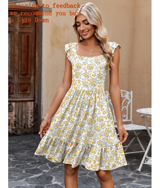 Zeagoo Womens Summer Dress Casual Ruffle Tiered Floral Square Neck Sundresses Beach Boho Mini A-line Dress 2025 with Pockets