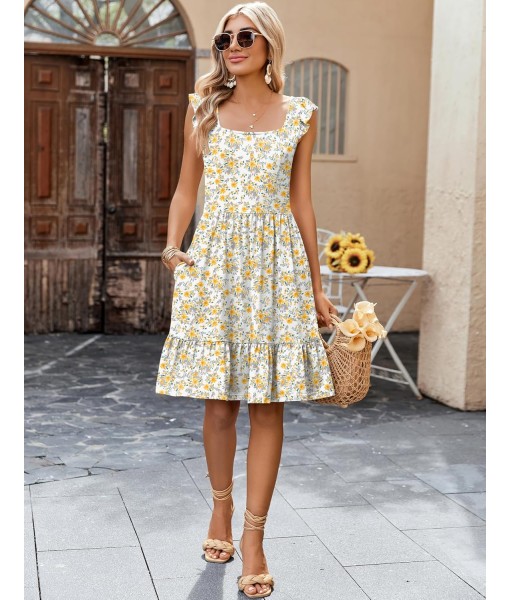 Zeagoo Womens Summer Dress Casual Ruffle Tiered Floral Square Neck Sundresses Beach Boho Mini A-line Dress 2025 with Pockets