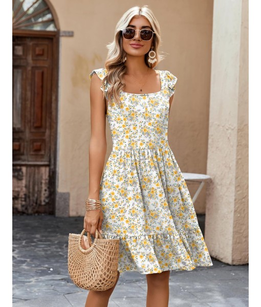 Zeagoo Womens Summer Dress Casual Ruffle Tiered Floral Square Neck Sundresses Beach Boho Mini A-line Dress 2025 with Pockets