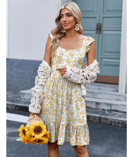 Zeagoo Womens Summer Dress Casual Ruffle Tiered Floral Square Neck Sundresses Beach Boho Mini A-line Dress 2025 with Pockets
