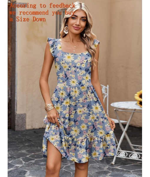 Zeagoo Womens Summer Dress Casual Ruffle Tiered Floral Square Neck Sundresses Beach Boho Mini A-line Dress 2025 with Pockets