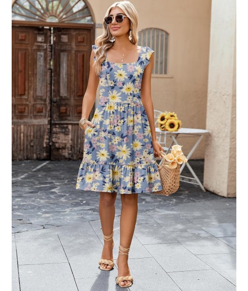 Zeagoo Womens Summer Dress Casual Ruffle Tiered Floral Square Neck Sundresses Beach Boho Mini A-line Dress 2025 with Pockets