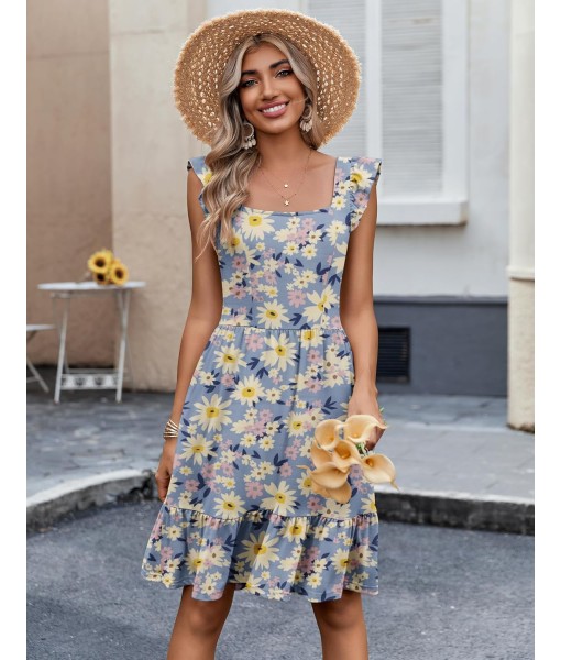 Zeagoo Womens Summer Dress Casual Ruffle Tiered Floral Square Neck Sundresses Beach Boho Mini A-line Dress 2025 with Pockets