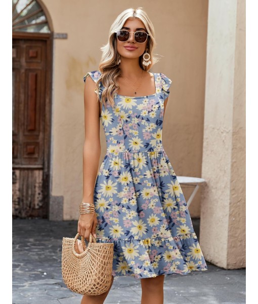 Zeagoo Womens Summer Dress Casual Ruffle Tiered Floral Square Neck Sundresses Beach Boho Mini A-line Dress 2025 with Pockets
