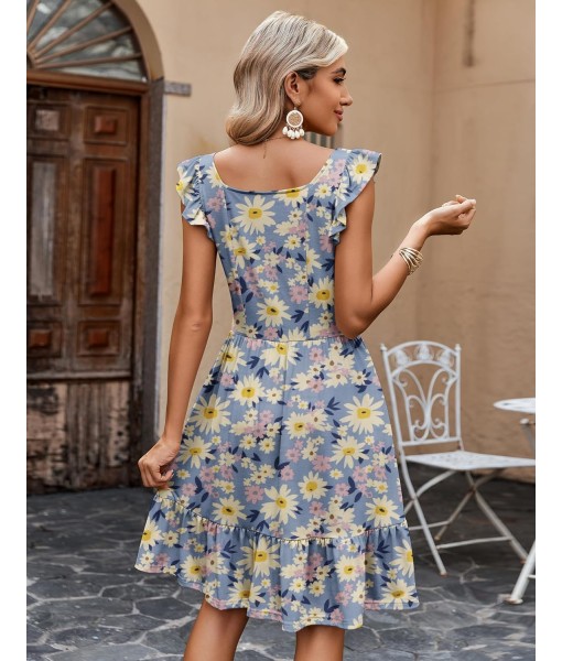 Zeagoo Womens Summer Dress Casual Ruffle Tiered Floral Square Neck Sundresses Beach Boho Mini A-line Dress 2025 with Pockets