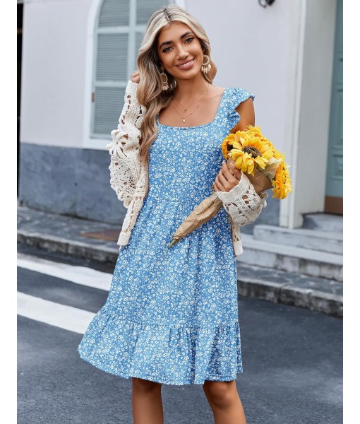 Zeagoo Womens Summer Dress Casual Ruffle Tiered Floral Square Neck Sundresses Beach Boho Mini A-line Dress 2025 with Pockets