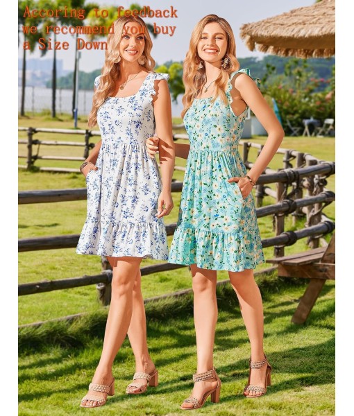 Zeagoo Womens Summer Dress Casual Ruffle Tiered Floral Square Neck Sundresses Beach Boho Mini A-line Dress 2025 with Pockets