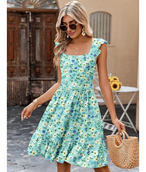 Zeagoo Womens Summer Dress Casual Ruffle Tiered Floral Square Neck Sundresses Beach Boho Mini A-line Dress 2025 with Pockets