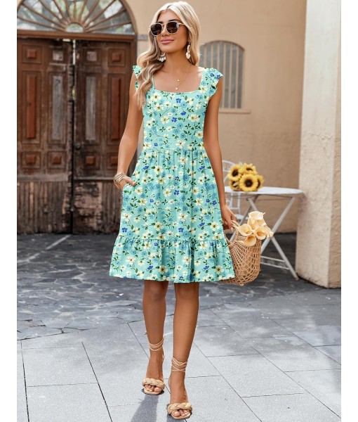 Zeagoo Womens Summer Dress Casual Ruffle Tiered Floral Square Neck Sundresses Beach Boho Mini A-line Dress 2025 with Pockets
