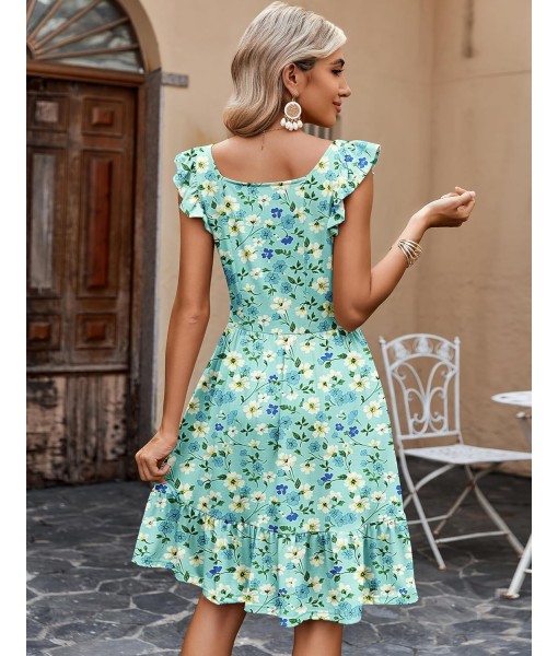 Zeagoo Womens Summer Dress Casual Ruffle Tiered Floral Square Neck Sundresses Beach Boho Mini A-line Dress 2025 with Pockets