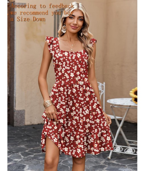Zeagoo Womens Summer Dress Casual Ruffle Tiered Floral Square Neck Sundresses Beach Boho Mini A-line Dress 2025 with Pockets