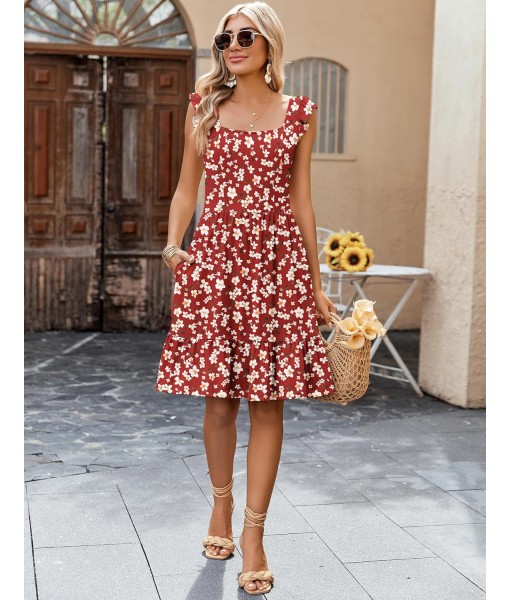 Zeagoo Womens Summer Dress Casual Ruffle Tiered Floral Square Neck Sundresses Beach Boho Mini A-line Dress 2025 with Pockets