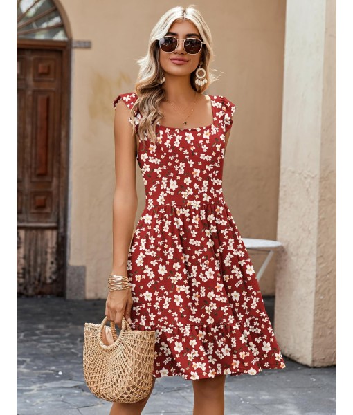 Zeagoo Womens Summer Dress Casual Ruffle Tiered Floral Square Neck Sundresses Beach Boho Mini A-line Dress 2025 with Pockets