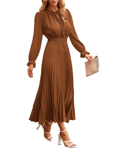 PRETTYGARDEN Women's 2025 Spring Fall Midi Dress Casual Long Sleeve V Neck Swiss Dot Pleated A Line Flowy Dresses