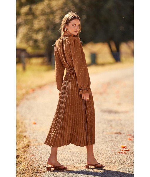 PRETTYGARDEN Women's 2025 Spring Fall Midi Dress Casual Long Sleeve V Neck Swiss Dot Pleated A Line Flowy Dresses