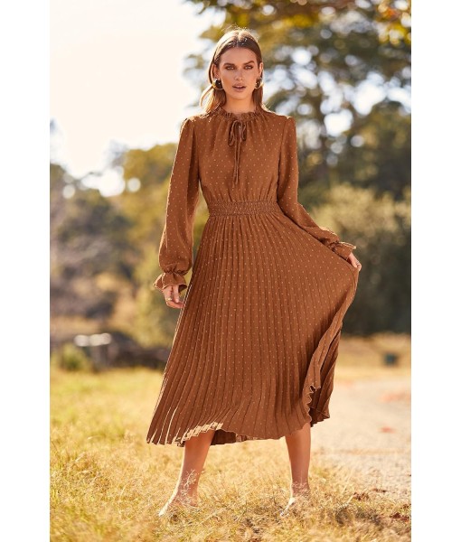 PRETTYGARDEN Women's 2025 Spring Fall Midi Dress Casual Long Sleeve V Neck Swiss Dot Pleated A Line Flowy Dresses