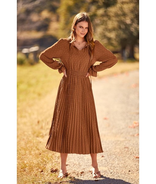 PRETTYGARDEN Women's 2025 Spring Fall Midi Dress Casual Long Sleeve V Neck Swiss Dot Pleated A Line Flowy Dresses