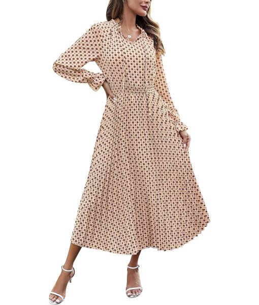 PRETTYGARDEN Women's 2025 Spring Fall Midi Dress Casual Long Sleeve V Neck Swiss Dot Pleated A Line Flowy Dresses