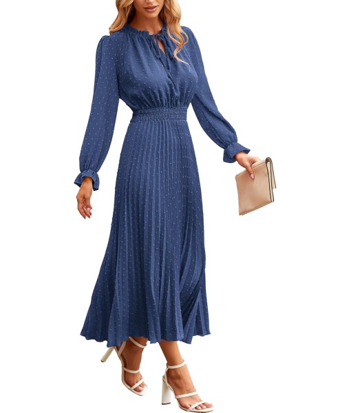 PRETTYGARDEN Women's 2025 Spring Fall Midi Dress Casual Long Sleeve V Neck Swiss Dot Pleated A Line Flowy Dresses