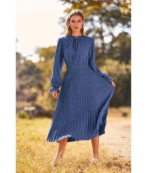 PRETTYGARDEN Women's 2025 Spring Fall Midi Dress Casual Long Sleeve V Neck Swiss Dot Pleated A Line Flowy Dresses
