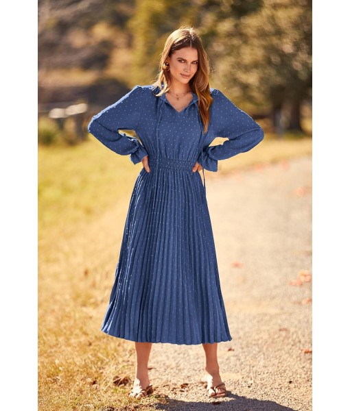 PRETTYGARDEN Women's 2025 Spring Fall Midi Dress Casual Long Sleeve V Neck Swiss Dot Pleated A Line Flowy Dresses