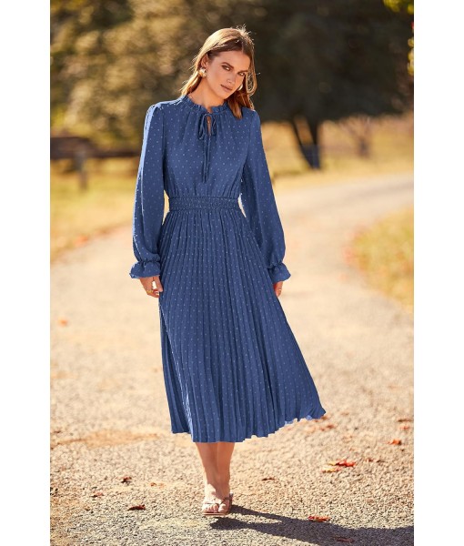 PRETTYGARDEN Women's 2025 Spring Fall Midi Dress Casual Long Sleeve V Neck Swiss Dot Pleated A Line Flowy Dresses
